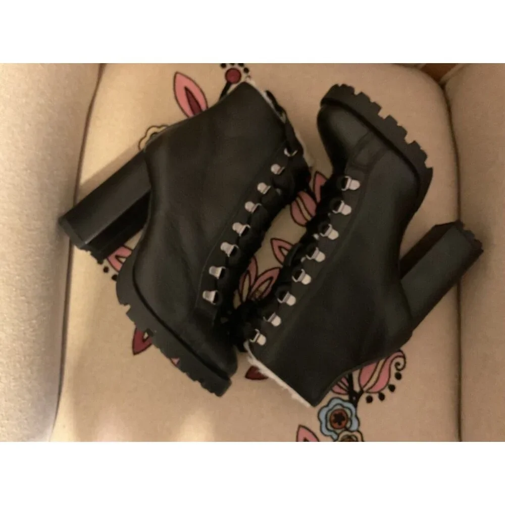Schultz Zhara Black Lace Sherpa Stacked Lug Leather Boots 7 NEW $250 Moto Boho